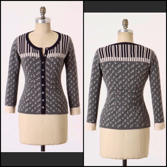 Anthro Field Flower Angora Cashmere Wool Blend Music Note Piano Cardigan Sweater - Picture 1 of 9